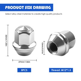 Pack of 8 universal wheel nuts, wheel nuts, M12 x 1.5, chrome screw caps, excellence set alloy wheel nuts, closed tapered collar 60°, for Ford, Toyota, Fusion (silver)