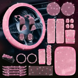 Zeinlenx 25 Pack Bling Car Accessories Set, Rhinestone Car Accessories Set for Women, Bling Steering Wheel Cover Universal Fit 15 Inch, Glitter Seat Belt (Pink)