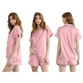 Queens Bridal Pajama Set For Women Short Sleeve Sleepwear Satin Silk Button Down Loungewear Sleepwear 2 pieces (Sandalwood, X-Large)