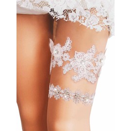 Urieo Floral Crystal Wedding Garters Rhinestone White Lace Garter Stretch Bride Bridal Prom Party Leg Garter Set for Women(Pack of 2)