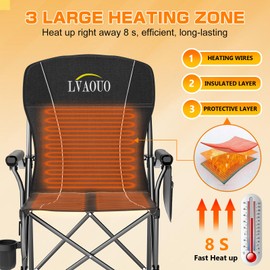 LVAOUO Heated Camping Chair with 20000mAh 12V Battery, 3 Heat Levels & 3-Zone Heating, Supports 600lbs - Portable Folding Chair for Camping, Fishing, Hiking, Lawn (Black)