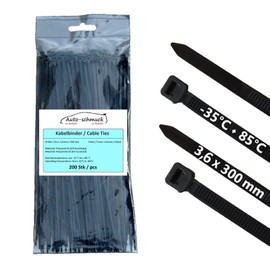Auto-schmuck Pack of 200 Cable Ties UV Resistant Temperature Resistant Chemical Resistance (Black, 300 x 3.6 mm)