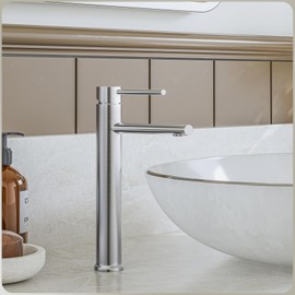 Phiestina Brushed Nickel Tall Bathroom Vessel Sink Faucet, Single Hole Single Handle Modern Bathroom Faucet, with Pop Up Drain and Water Supply Line, NS-SF03-V-BN