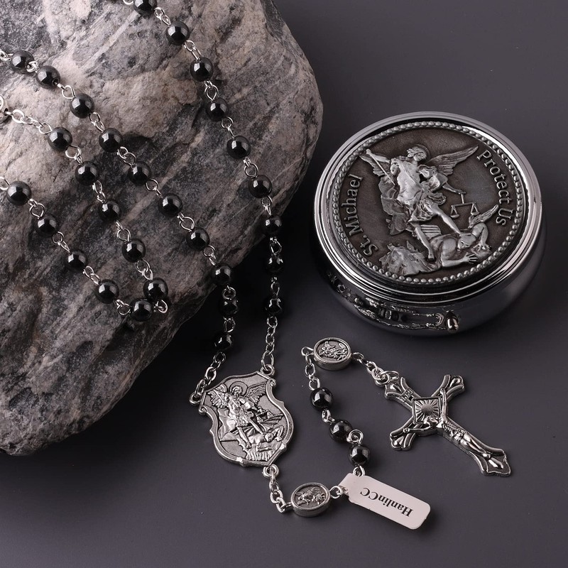 HanlinCC Saint Michael the Archangel Hematite Black Stone Beads Rosary