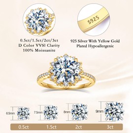 Bagutta Pavone 1.5CT Women's Moissanite Engagement Rings Clarity Moissanite Rings Promise Wedding Rings for Women 925 Sterling Silver with 18K Yellow Gold plated Flower shape Rings Size10