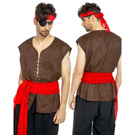 kasahara Pirate Costume Men's Set Medieval Retro Vest Clothing Renaissance Costume Set Pirate Headscarf Belt Eye Patch Viking Costume Carnival Fancy Dress Costume (Red, 2XL)