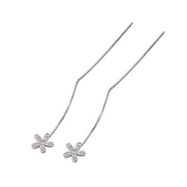Tiny Flower Threader Dangle Drop Earrings Sterling Silver 925 Dainty Cubic Zirconia Crystal Daisy Flower Long Chain Tassel Ear Line Dangling Statement Earring Studs Cute Jewelry Gifts for Women Girls