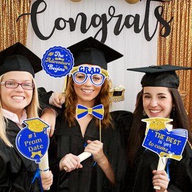 22 Pcs Graduation Photo Booth Props 2025 - Royal Blue Gold Congrats Class of 2025 Photo Booth Props Set for Graduation Party Favors Supplies Decorations, Funny Selfie Graduation Photo Booth Props