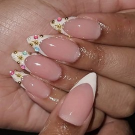 24 Uñas Postizas Francesas De Presión - Uñas Cortas Almendradas Con Diseño De Gema De Cristal Acrílico, Uñas Postizas Color Nude Para Mujer, Uñas Reut
