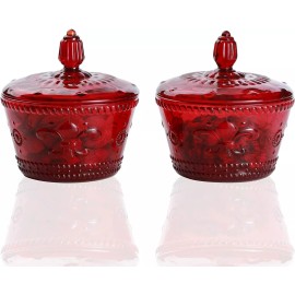 Everest Global Glass Food Storage Candy Jars with lids Small Embossed Bowl Set of 2. - Red