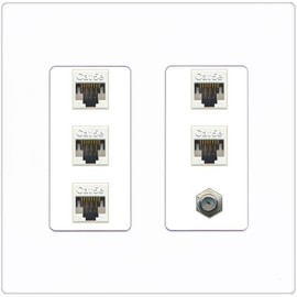 RiteAV 5 Port Cat5e Ethernet and 1 x Coax Wall Plate - 2 Gang [Screwless White]