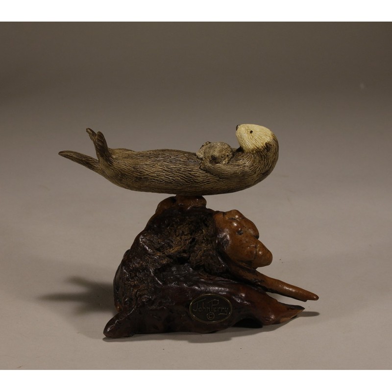 Sea Otter Mother and Pup Sculpture byJohn Perry 5in Long