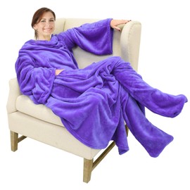 Catalonia Wearable Fleece Blanket with Sleeves and Foot Pockets for Adult Women Men, Micro Plush Comfy Wrap Sleeved Throw Blanket Robe Large, Purple