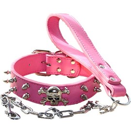 Haoyueer Spiked Studded 1.2" Wide Leather Dog Collar Chain Leash Combo Set for Medium Large Pitbull Husky Mastiff Terrier(Hot Pink,M)