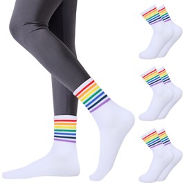 Risipu 3 Pairs Rainbow Striped Ankle High Socks Men Women Proud Month Gay Socks for LGTBQ Party, A 3 Pairs-White