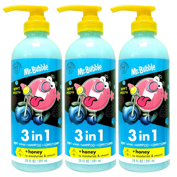 Mr. Bubble Berry Smooth 3-in-1 Body Wash, Shampoo & Conditioner Plus Honey Moisturize and Smooth Hair and Body 3-Pack