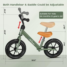 HAWEEK Toddler Balance Bike for Kids 2-5 Years 12” No Pedal Training Toddler Bike Adjustable Seat & Handlebar Best Gifts for 1-3 Boys Girls (Green)