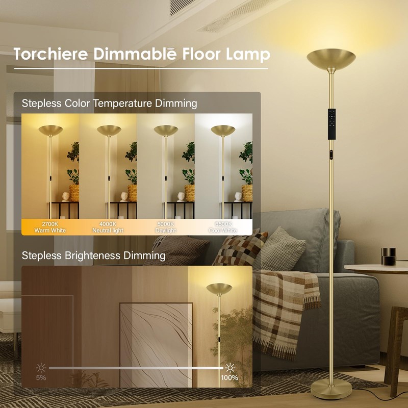 Stepless Dimmable Floor Lamp,30W 3000LM Super Bright LED Torchiere Floor
