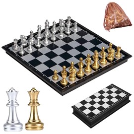 BREEZEE Ajedrez Magnetico Tamaño Pequeño de 25 x 25 cm, Incluye Bolsa de Transporte de Piezas y 1 Reina Extra, Diseño Portatil Chess Material Premium, Juegos de Mesa para Niño y Adulto