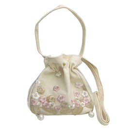 Lunari Drawstring Bag, Shoulder Bag, Handbag, 2-Way Drawstring Pouch, Pochette, Embroidery, Floral Pattern, Handbag, Lightweight, Crossbody, pale pink