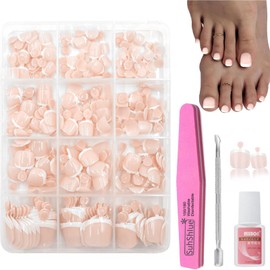French Fake Toe Nails Set - 240Pcs Short Square False Toenails Kit - Nude French Tip Stick On Toenails With Glue - Glossy Full Cover Acrylic Stick On Nail For Women Girls Nail Art DIY Decorations