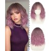 Purple Ombre Short Wavy Bob Wig with Bangs, 14 Inch