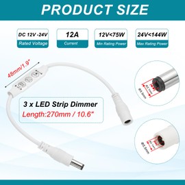 MECCANIXITY LED Strip Dimmer, 12V to 24V 12A Mini Brightness Adjustable Controller Lamp Switch with DC Plugs for Single Color Strips, White Pack of 3