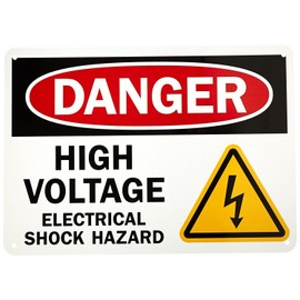 Danger: High Voltage -Electrical Shock Hazard, 10" high x 14" Wide, Black/Red on White, Self Adhesive Vinyl Sticker, Indoor and Outdoor Use, Rust Free, UV Protected, Waterproof
