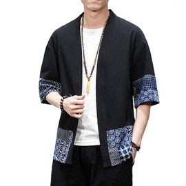 PRIJOUHE Men's Kimono Jackets Cardigan Lightweight Casual Cotton Blends Linen Seven Sleeves Open Front Coat Outwear