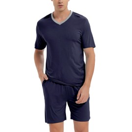 JINSHI Men's Short Sleeve Pyjamas Set V Neck Top & Pants Soft Lightweight Summer Loungewear Sleepwear Nightwear PJ's Sets Navy US Size 2XL