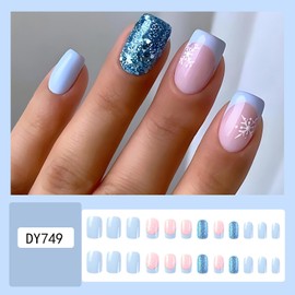 Christmas Press on Nails Square Short 24Pcs Blue French Glossy Full Cover Winter False Nails with Snowflake Designs Artificial Coffin Glitter Fake Nails with Glue Stick on Nails for Women Girls