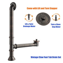 Artiwell Vintage Claw Foot Tub Drain Kit with Lift and Turn Bath Drain Stopper, 1-1/2" Brass Tubular Leg Tub Bathtub Waste and Overflow Drain Assembly with Drain Plug and Bathtub Overflow Cover