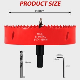 KACNON Hole Saw 145 mm, Universal High-Speed Steel HSS M42 Bi-Metal Hole Saws with Hex Shank and Drill, Complete Sizes, for Wood, Plastic, Plasterboard, Sheet Metal, Red