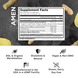 Amen Amen Leaky Gut Supplement - Advanced Formula with Bioavailable L Glutamine, Zinc, Turmeric, DGL Licorice Root - Marshmallow Root - Probiotics & Fermented Prebiotics - Vegan, Non-GMO - 90 Capsules