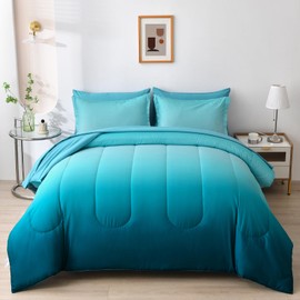Anibedding 7 Pieces Gradient Teal Comforter Set Queen - Lightweight Teal Green Bed in a Bag Queen Size Set, All Season Down Alternative Complete Bedding Set Flat/Fitted Sheet, Pillowcases Pillow Shams