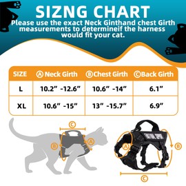 Tactical Cat Harness Black for Walking Esacpe Proof,Adjustable Soft Mesh Large Cat Vest with Rubber Handle Easy to Control,Molle Patches XL