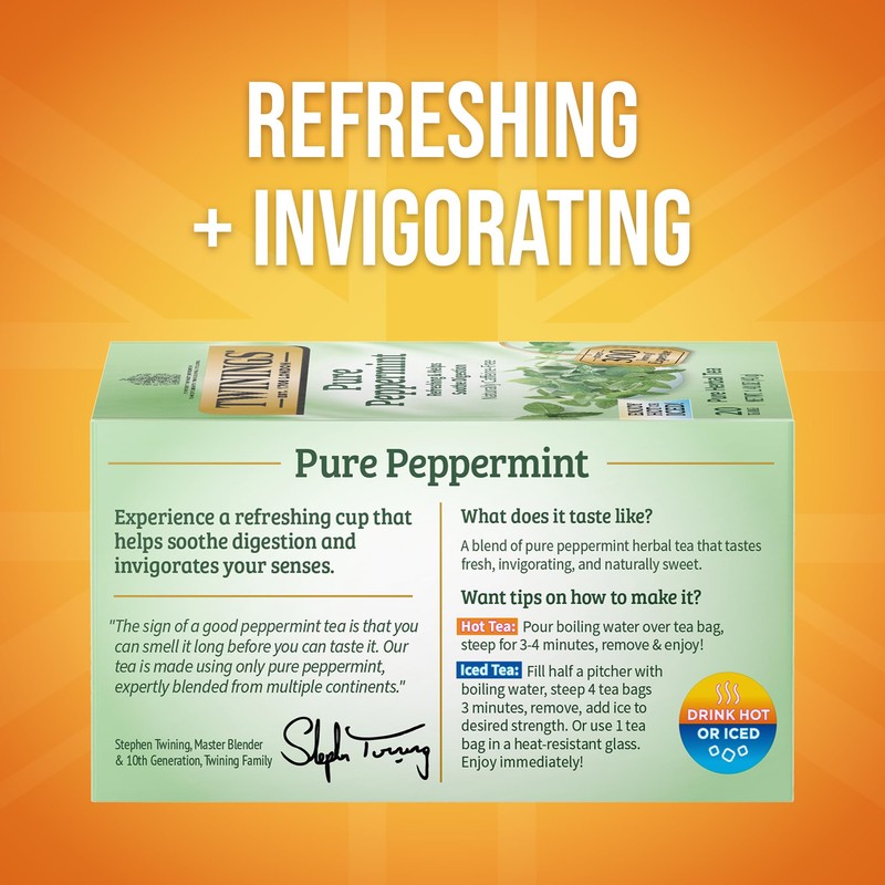 Twinings Pure Peppermint Herbal Tea Individually Wrapped Bags, 20 Count