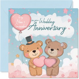 Nan Grandad Anniversary Card - Bears & Clouds - Happy Wedding Anniversary Card for Nan Grandad from Grandson Granddaughter, 145mm Anniversaries Greeting Cards