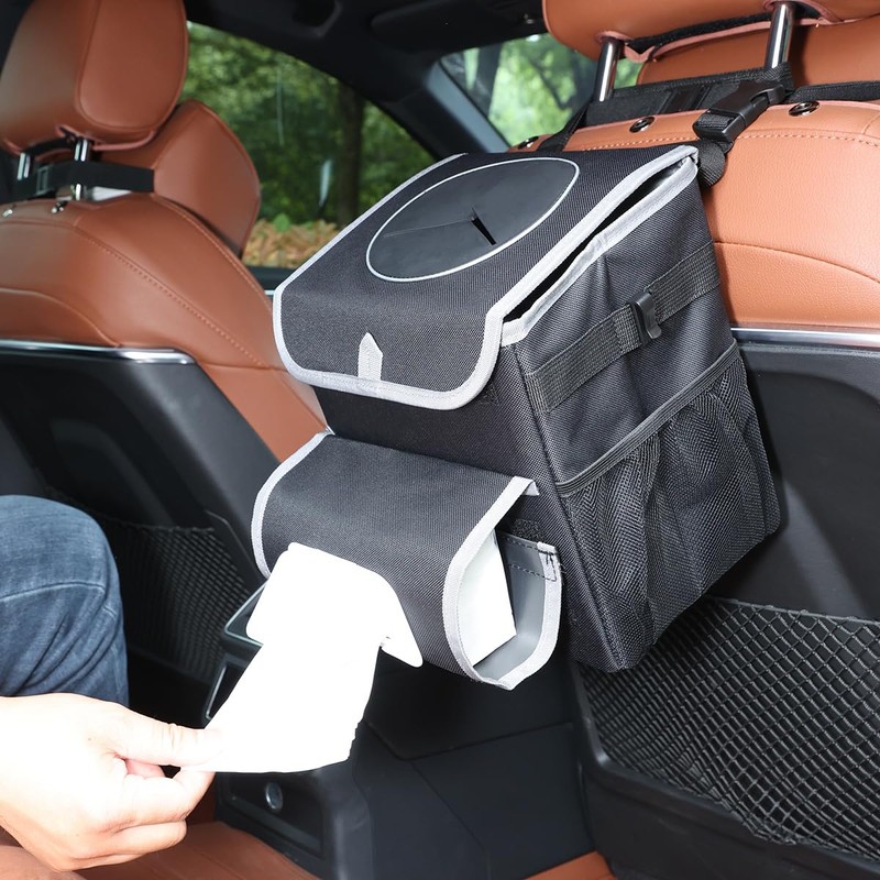 upra Car Trash Can with Lid,Bag Hanging Storage Pockets,Adjustable Tissue