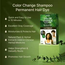 Red by Kiss Color Change Shampoo – Permanent Hair Color with 100% Gray Coverage, Quick 7-10 Minute Formula, No Tools Needed, Herbal Extracts, Includes 3 Shampoo Pouches (Light Brown)