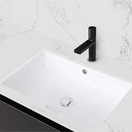 STYLISH 24 1/2 inch Ceramic Rectangular Undermount Bathroom Sink with Enamel Glaze Finish, Smooth & Stain Resistant Surface, Polished Chrome and Matte Black Overflow, P-208