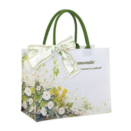 DIOWW Canvas Beach Bag With Scarves Women Chamomile Floral Gift Canvas Tote Bag Decorative Shopping Tote with Green Handles, Green White, 30*36*19cm(zipper)