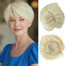 BCUS Hair Toppers For Women With Thinning Large Coverage 6" x 6.5" Pixie Cut Short Hair Topper Fluffy Synthetic Hair Pieces Clip In Bangs (Blonde Mixed White)