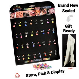 RKC Divine Design By RKC Jewelz London 10mm Belly Bars, 64 Pcs Navel Rings w/Storage Stand for Dressing Table - Colourful Mix for Girls Womens Belly Piercings - 14 G, Steel