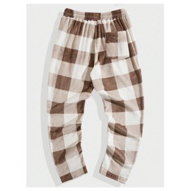 Verdusa Men's Flannel Buffalo Plaid Pajama Pants Fuzzy Pj Pants with Pockets Brown Large