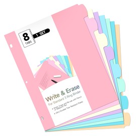 TQQBUU Write & Erase Binder Dividers with Tabs, 8 Tab Durable Plastic Dividers for 3 Ring Binder Letter Size, Separators with Sticker Labels, Student, Teacher, Office, Home Organizers, 1 Set, Pastel