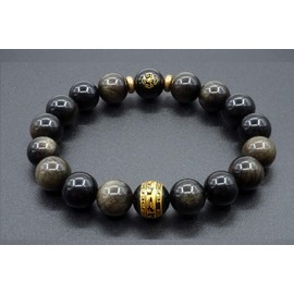 Mayting 10 mm Bead Gold Obsidian Bracelet Elastic Tibetan Llama Buddhist Bracelet Gift for Boys and Girls, Stone