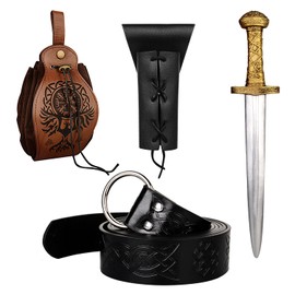 4Pcs Renaissance Accessories,Medieval Viking Renaissance Belt Leather Sword Frog Belt Pouch and PU Foam Viking Prop Sword (CY_4BK_01)