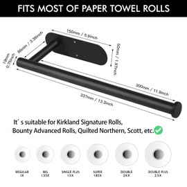 Matte Black Wall Paper Towel Holder, Wall Mounted Stick on Paper Towel Holder, Adhesive Paper Towel Holder Under Cabinet, Rust-Proof Paper Towel Hanger for Kitchen, Bathroom