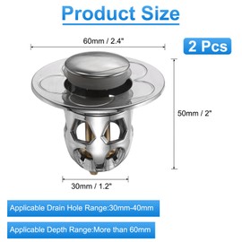 sourcing map 2 Pcs Bathroom Sink Stopper with Seal Ring Push Type Sink Drain Strainer with Brass Filter Basket Hair Catcher Fit for 1.2"-1.6" Dia 2.4" Depth Sink Hole, Silver